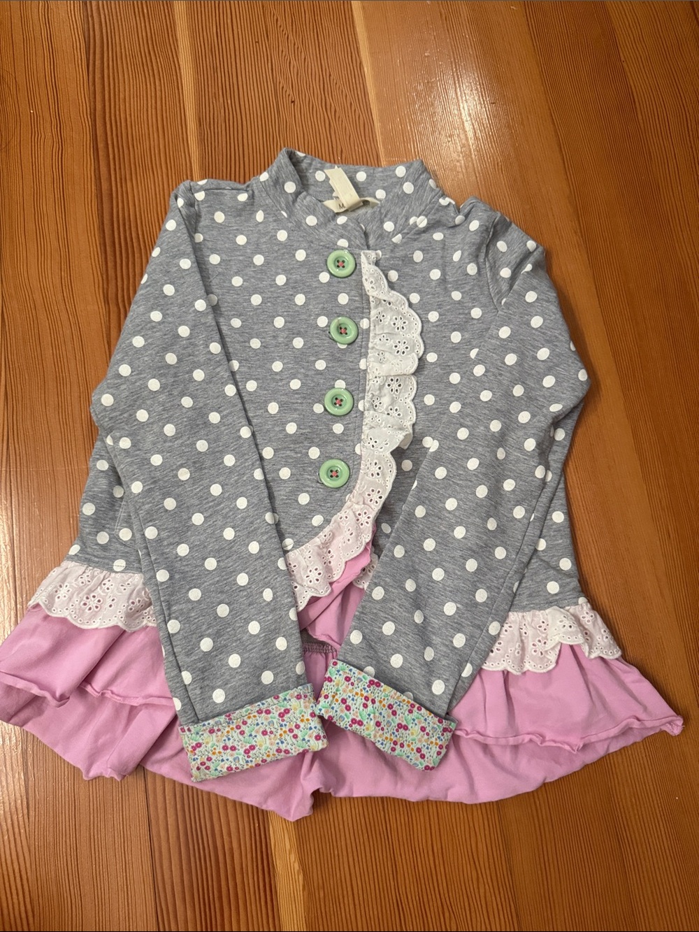 Matilda Jane Gray Polka Dot Sweater with Pink Ruffle Hem